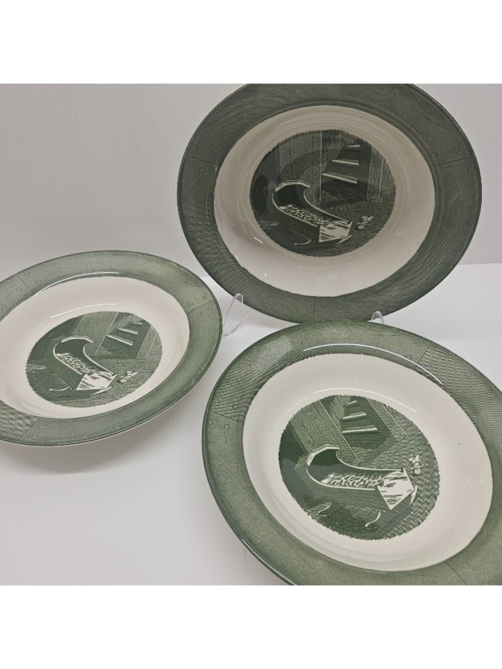 3 Royal China Colonial Homestead Green Soup Bowls Wide Rim Cradle Scene Vintage